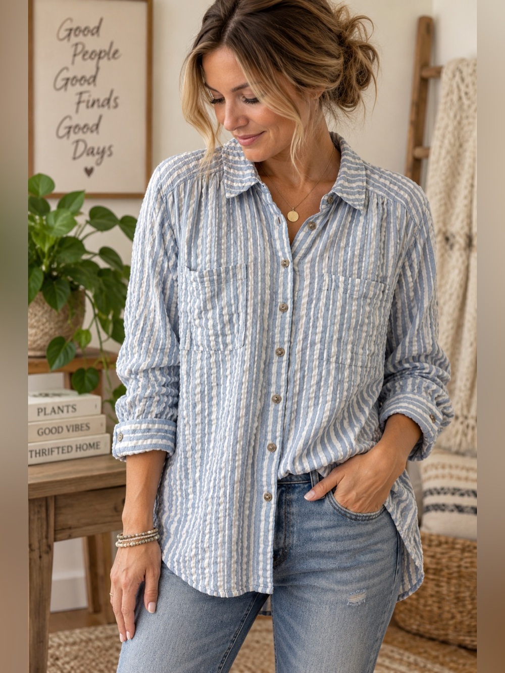 Anthropologie Pilcro Blue White Striped Crinkle Cotton Button Down Shirt L